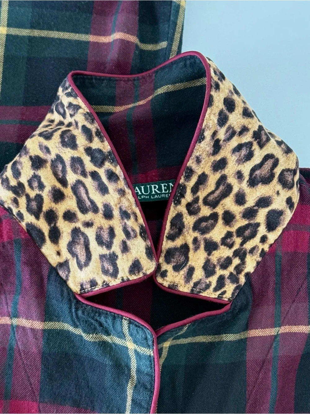 LAUREN Ralph Lauren Tartan Plaid Logo Flannel Leopard Collar Pajama Set Women XL